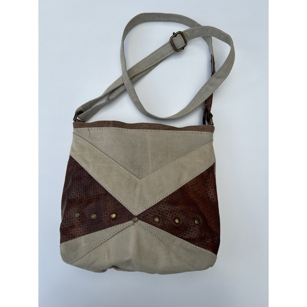 MONA B Crossbody Purse Upcycled Prism Neutral Handbag w/ Leather Details Natural